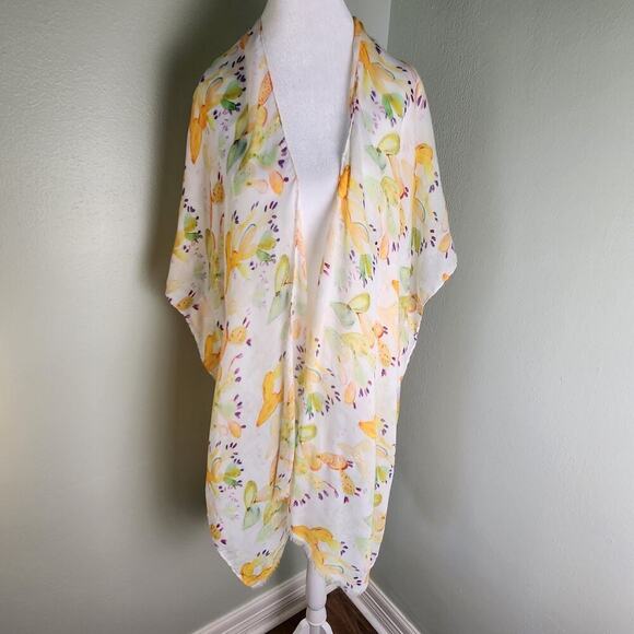 Giddy Up Glamour Tops - Boho Mrs Roper White Yellow Floral Sheer Open Kimono Cover-up Womens One Size